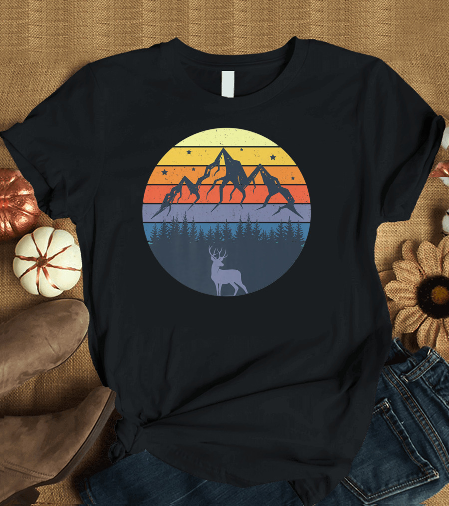 Mountain Sunset Hiking Deer Forest Scene T-Shirt