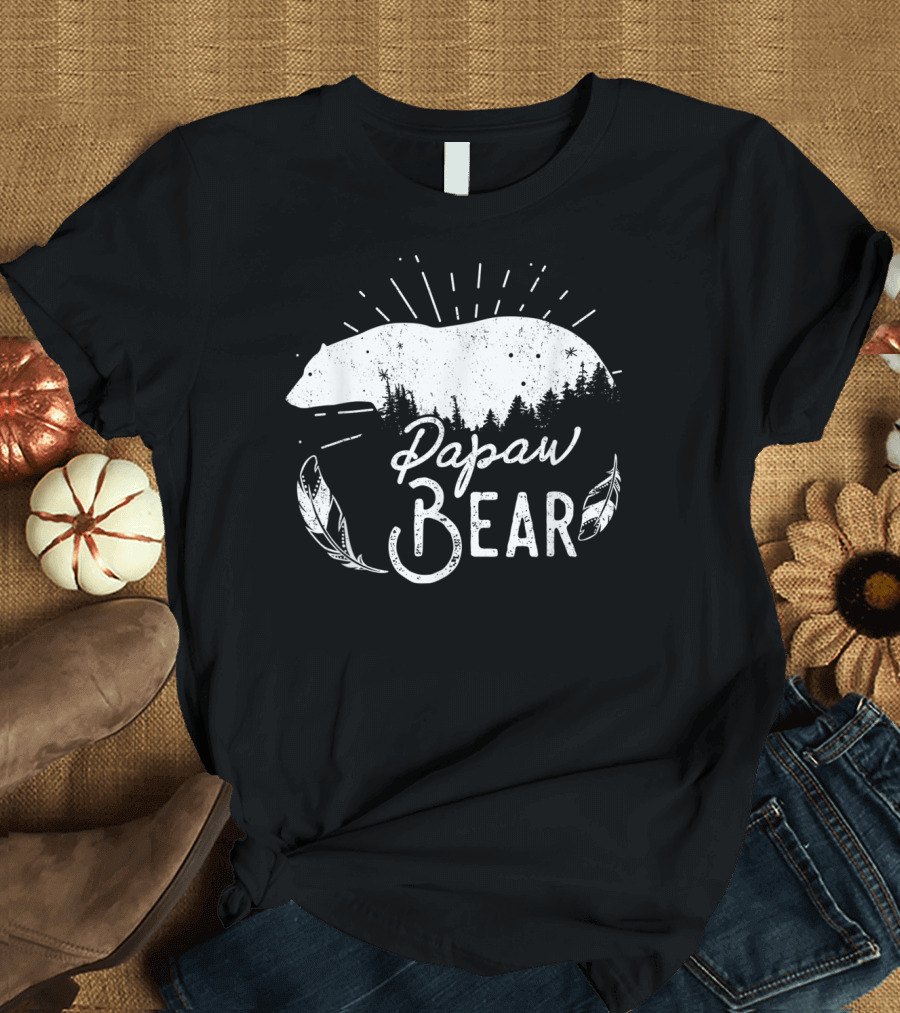 Papaw Bear Family Camping Hiking Matching Forest Feathers T-Shirt