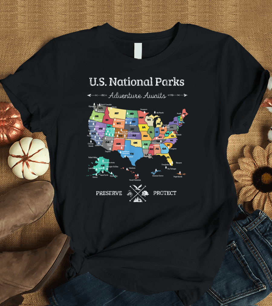 U.S. National Parks Adventure Awaits Preserve Protect Map T-Shirt