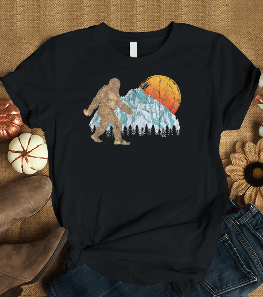 Retro Bigfoot Sasquatch Mountain Hiking Sunset Scene T-Shirt