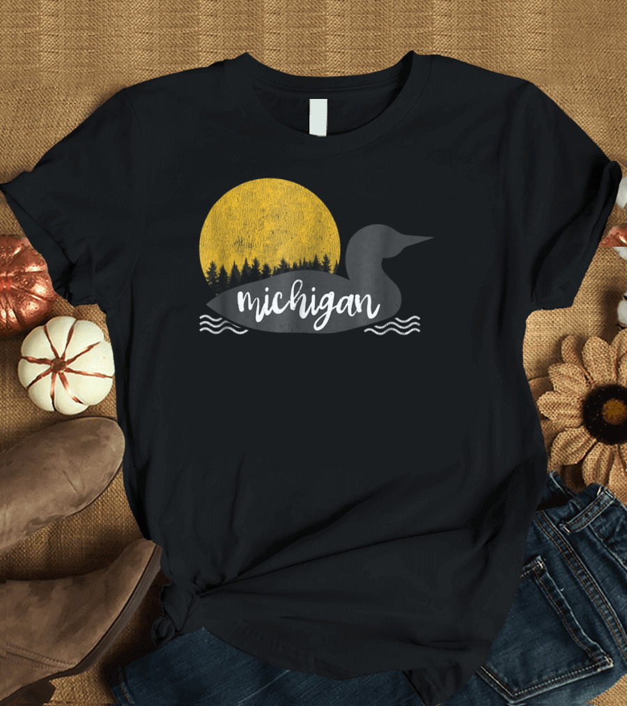 Retro Michigan Vintage Loon with Forest and Sun Camping Hiking T-Shirt