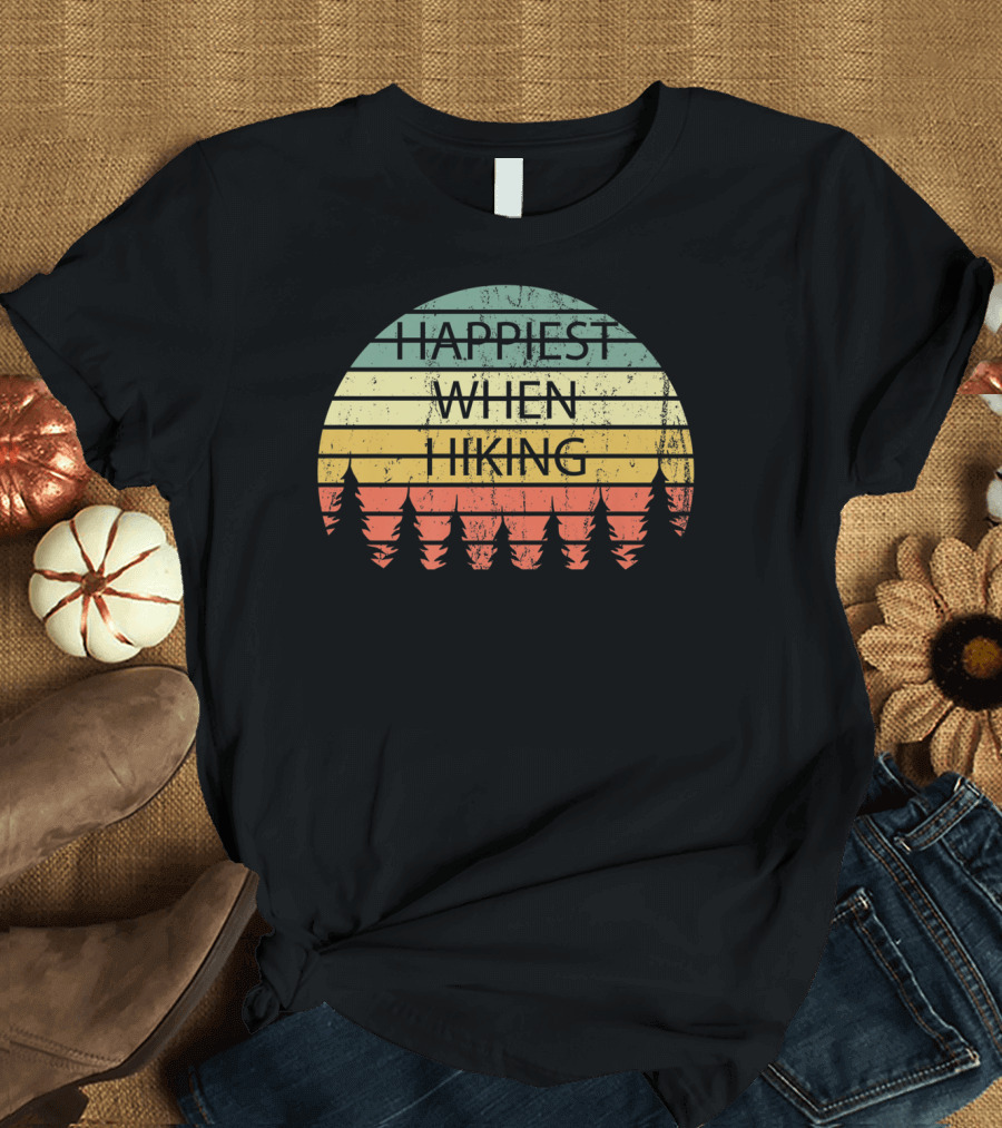 Happiest When Hiking Retro Outdoors Striped Forest T-Shirt