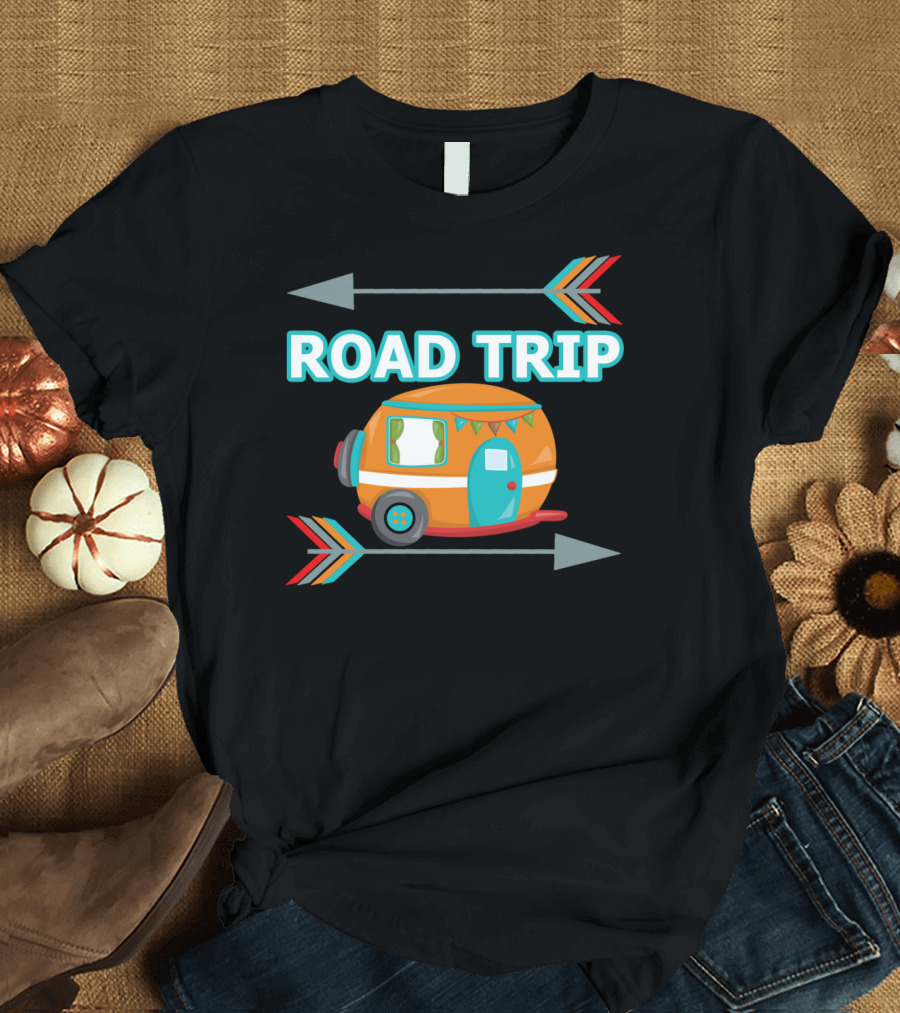 Road Trip Camping Hiking Funny Camper with Arrows and Orange Trailer T-Shirt