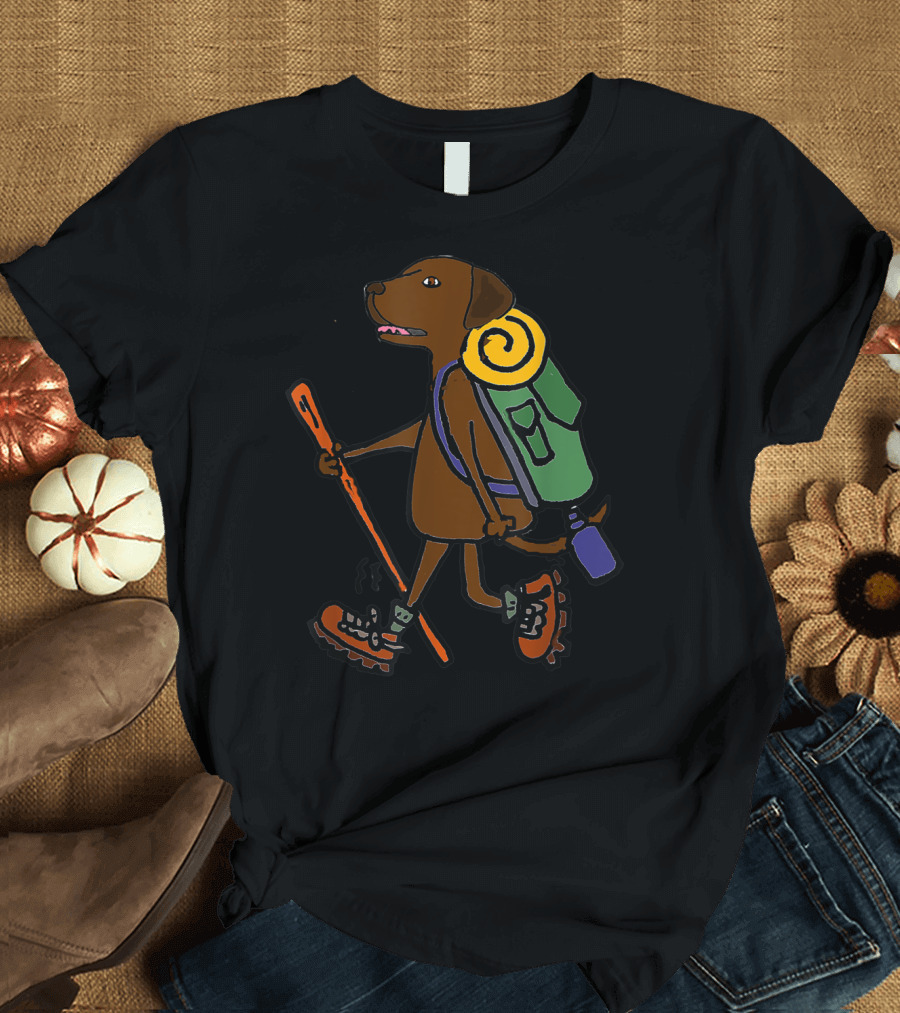Smiletodays Chocolate Labrador Hiking with Backpack and Walking Stick T-Shirt