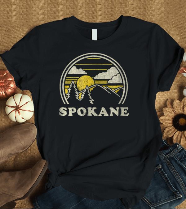 T-Shirt: Spokane Washington WA Vintage Hiking Mountains Sun and Trees T-Shirt Spokane Washington WA Vintage Hiking Mountains Sun and Trees T-Shirt