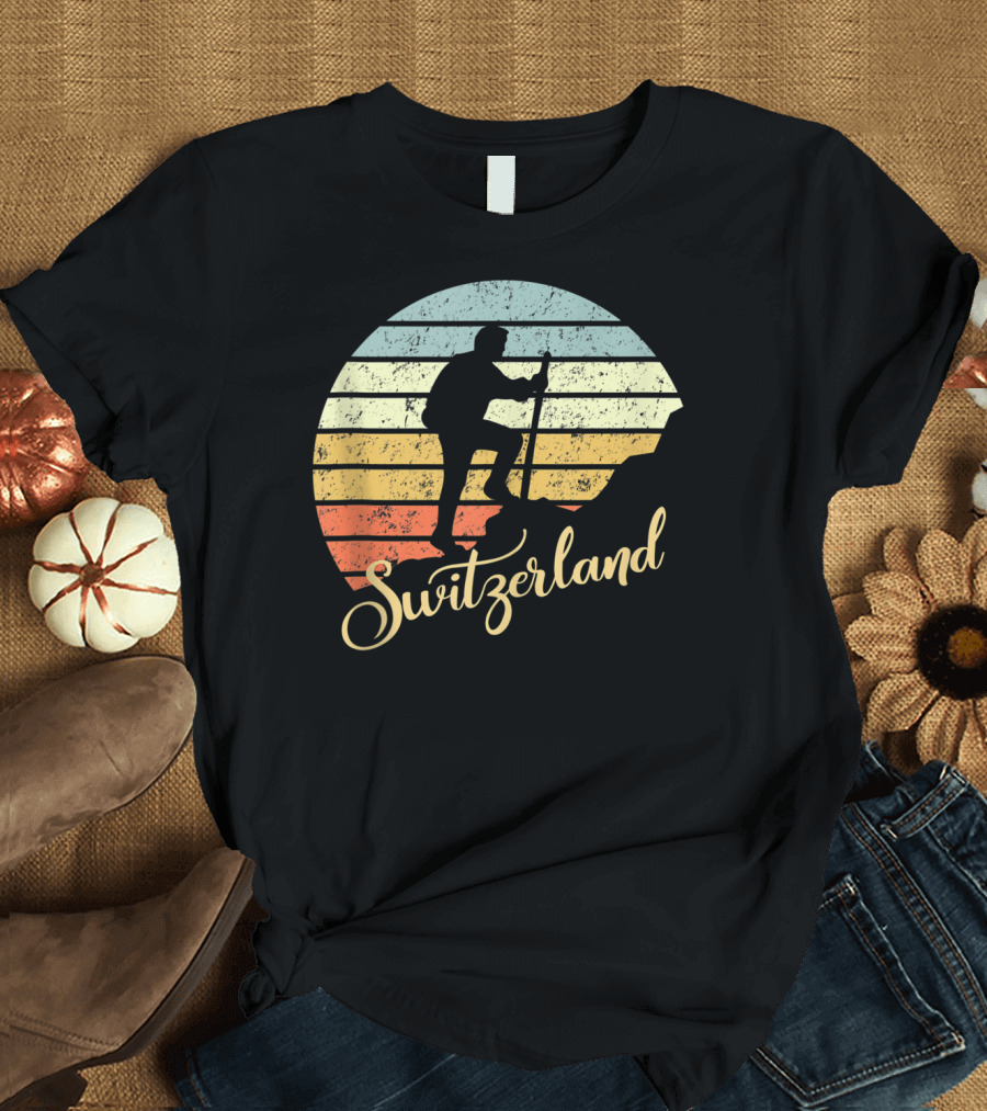 Switzerland Hiking Mountains Vacation Retro Sunset T-Shirt
