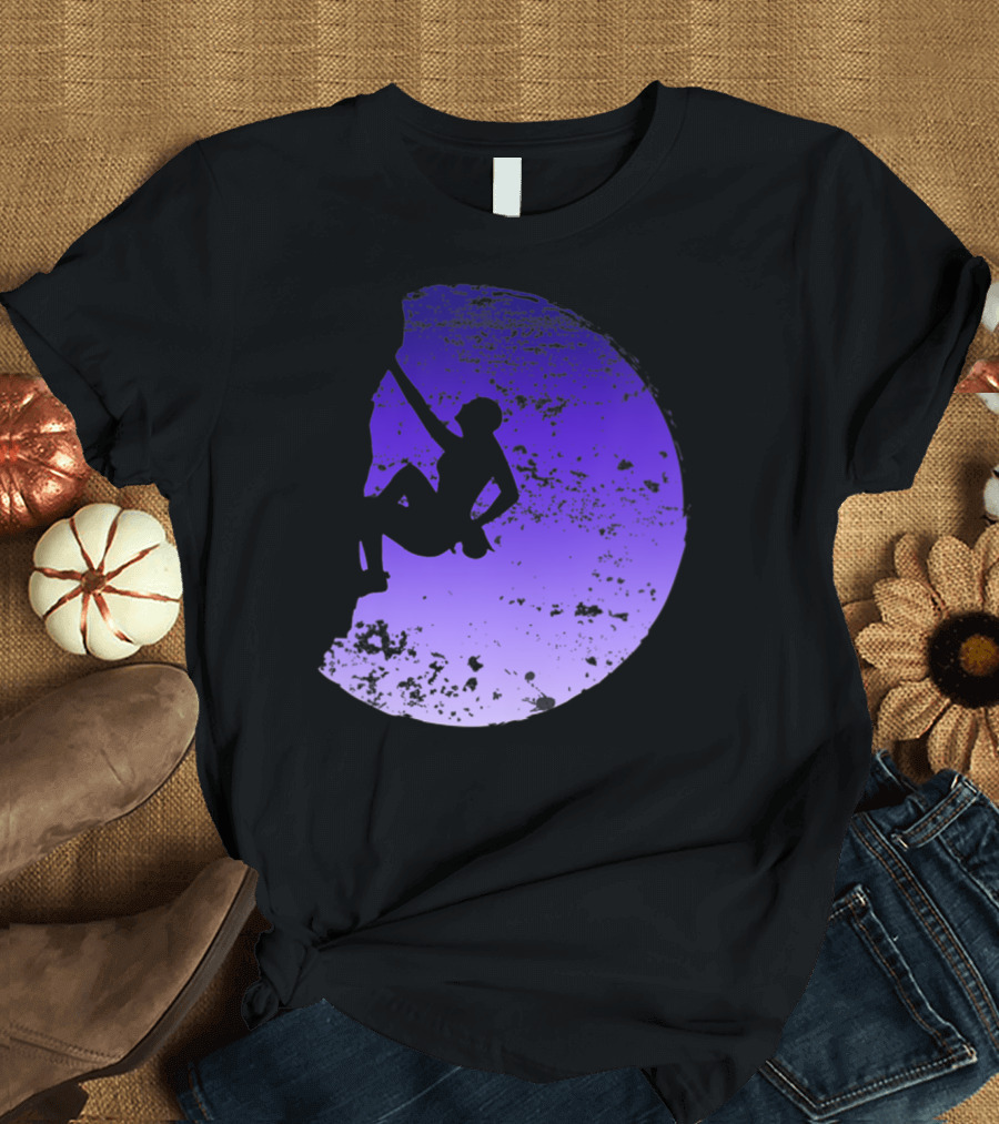 Rock Climbing Mountain Climber Silhouette Against Moonlit Sky T-Shirt