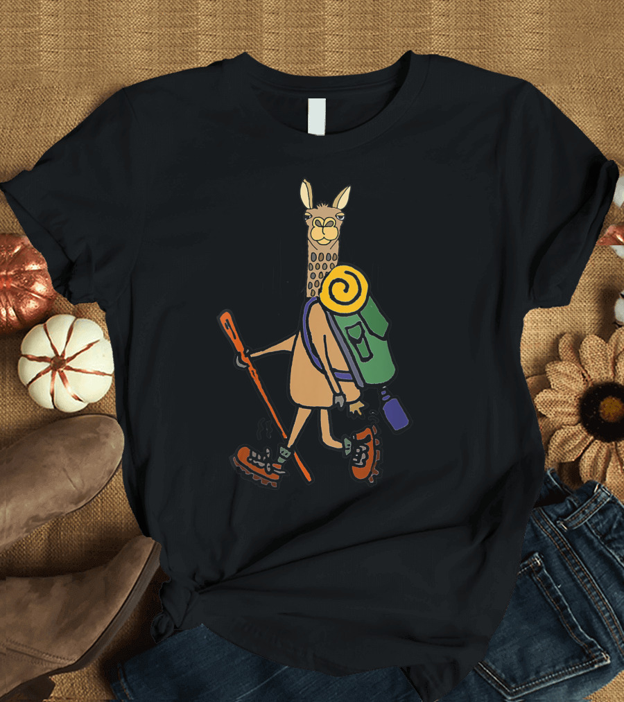 Smilestank Funny Llama Cartoon with Hiking Gear and Backpack T-Shirt