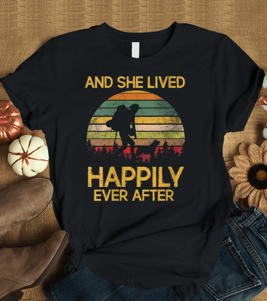 And She Lived Happily Ever After Hiking Adventure Retro Stripes T-Shirt
