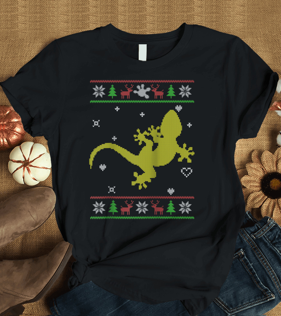 Christmas Gecko Knitting Ugly Sweater with Reindeer and Snowflakes T-Shirt