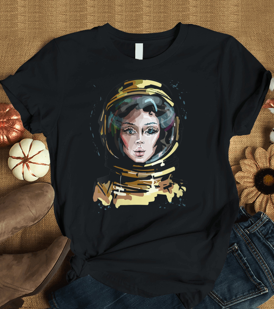 Female Astronaut Portrait in Vibrant Space Art for Lovers T-Shirt