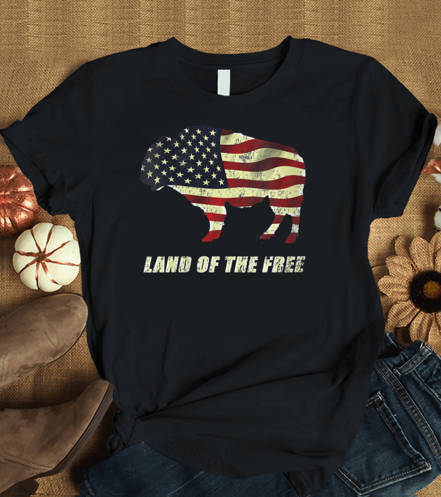 Land Of The Free American Flag Bison T-Shirt