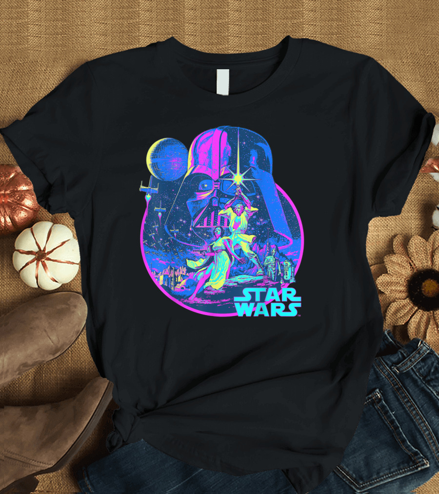 Star Wars Vibrant Neon Vader Luke Leia Retro Scene T-Shirt