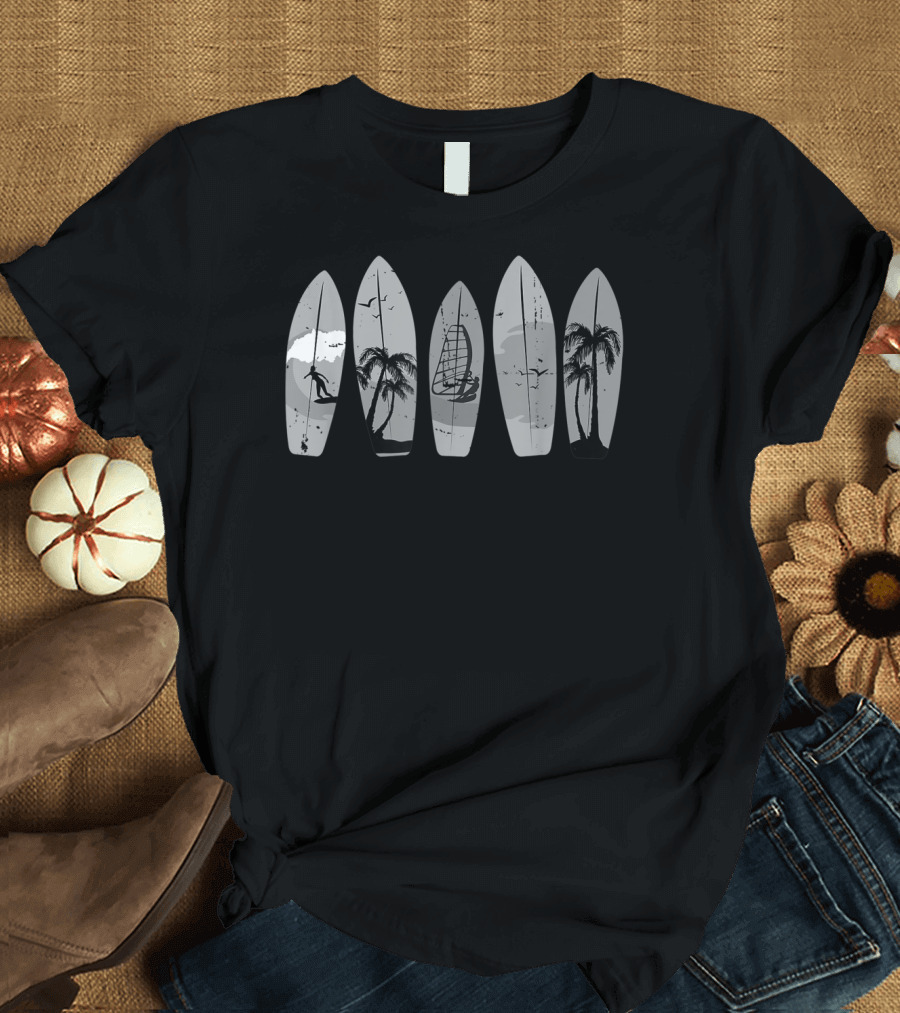 Vintage Surfboard Classic Surfboarder Palm Tree Ocean Scene T-Shirt