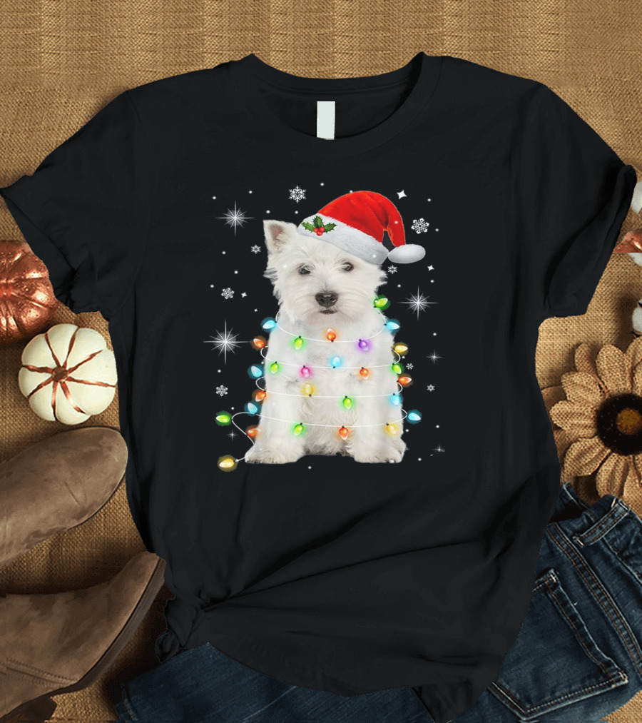 Santa Hat West Highland White Terrier Christmas Lights T-Shirt