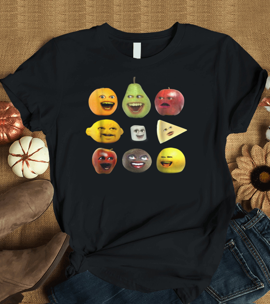 Annoying Orange Pear Apple Lemon Marshmallow Cheese Kiwi Cast of Characters T-Shirt