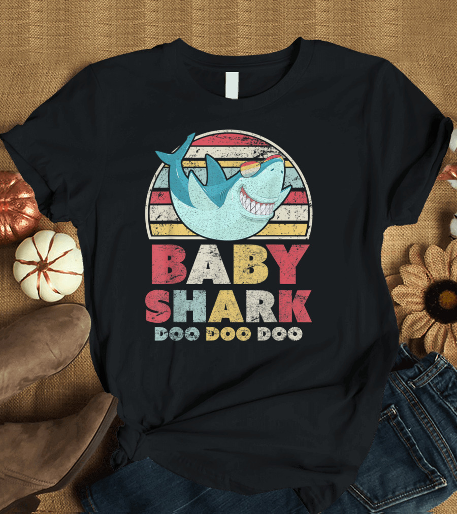 Baby Shark Doo Doo Doo Retro Sunset Style with Cool Surfing Shark T-Shirt