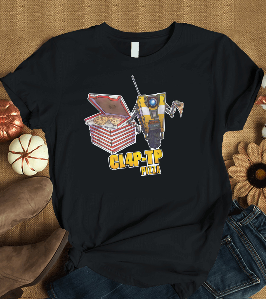 CL4P-TP Claptrap Pizza Stack with Robot Character Holding Slice T-Shirt