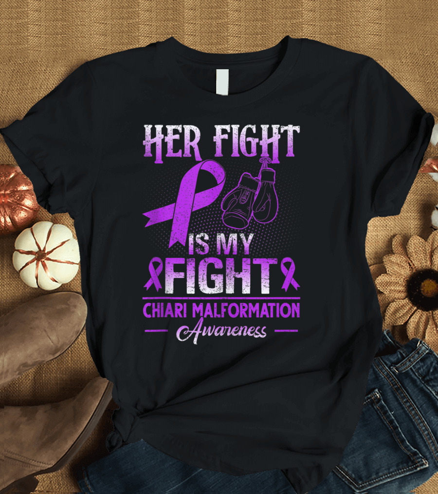 Her Fight Is My Fight Chiari Malformation Awareness Purple Ribbon and Boxing Gloves T-Shirt