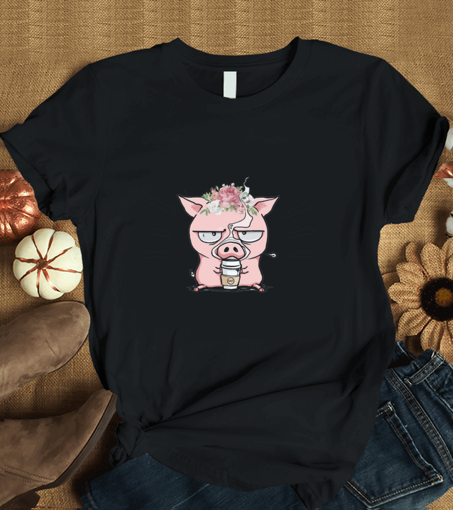 If I'm Moody Give Me Foody Funny Pig with Coffee and Flower Crown T-Shirt