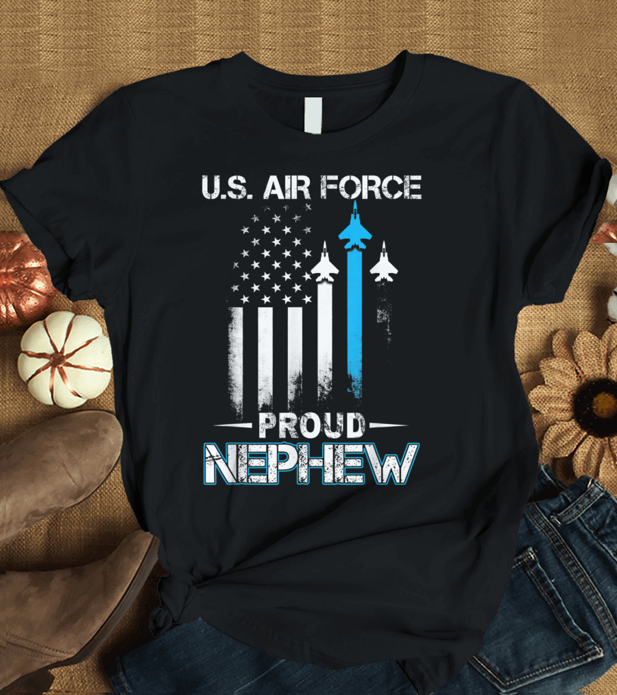 Pride Military Family U.S. Air Force Proud Nephew with American Flag and Jets T-Shirt