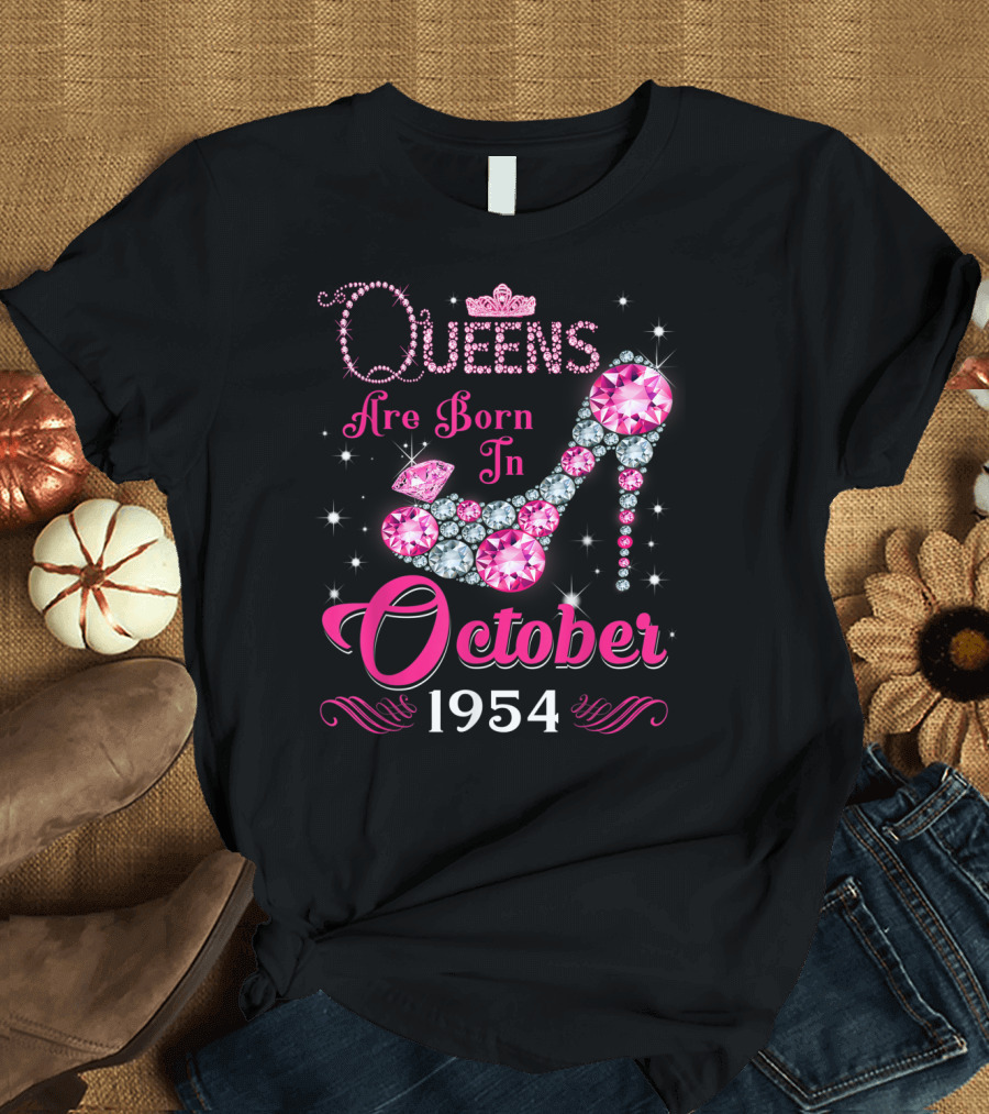 Queens Are Born in October 1954 Rhinestone High Heel Sparkle T-Shirt