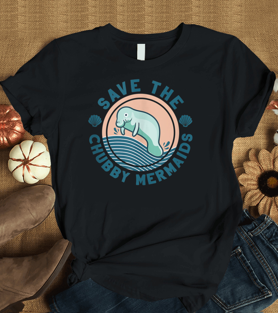 Save the Chubby Mermaids Cute Funny Manatee Wave and Shells T-Shirt