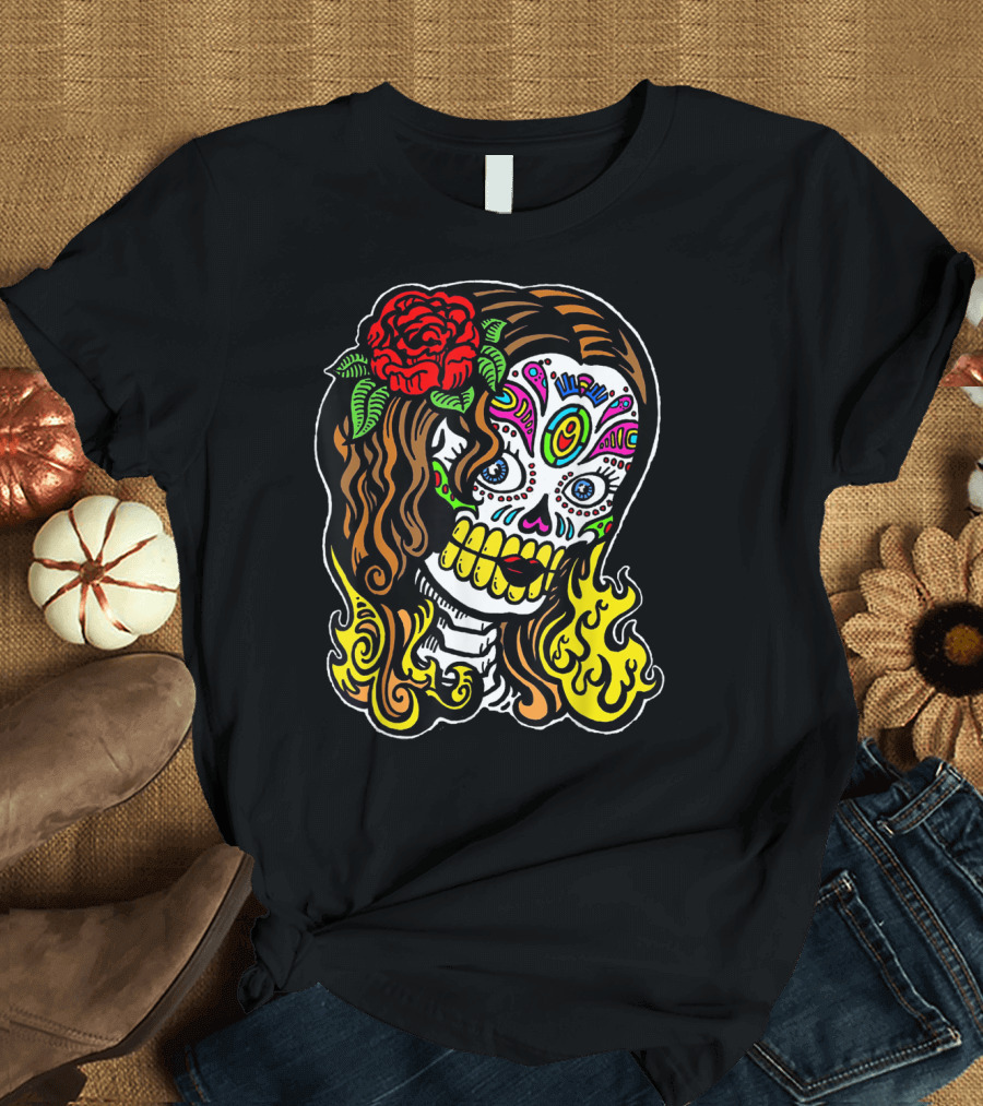 Sugur Skull Colorful Dia de los Muertos Rose Flames T-Shirt