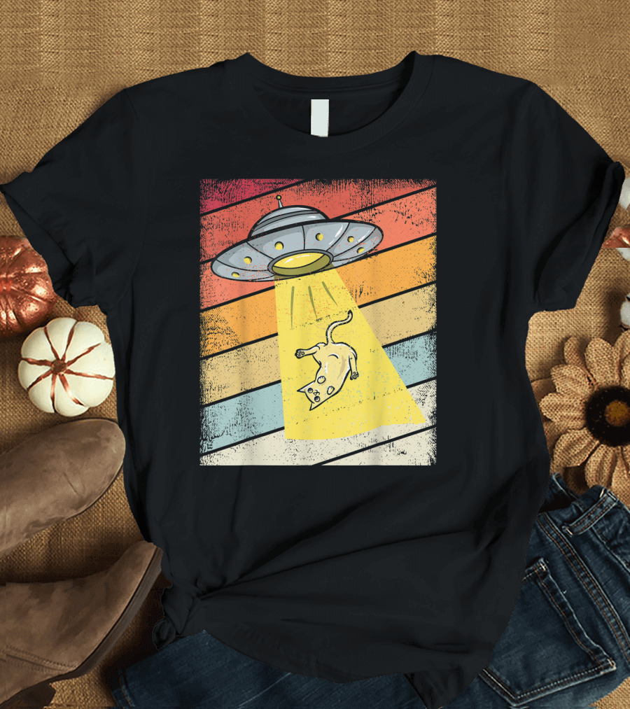 Retro UFO Beaming Up Cat Alien on Vintage T-Shirt