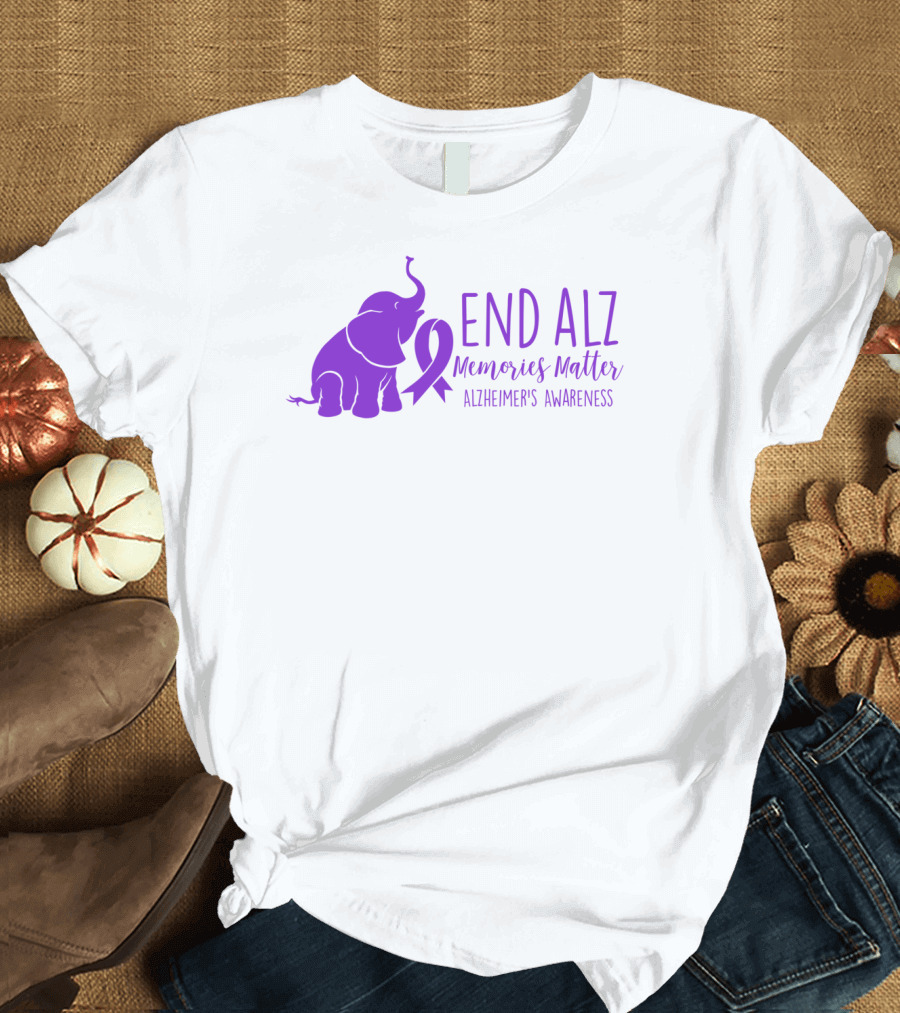 End Alz Memories Matter Alzheimer's Awareness Purple Elephant T-Shirt