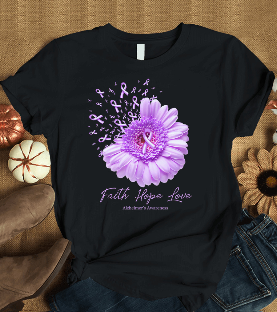 Faith Hope Love Alzheimer's Awareness Purple Ribbon Flower T-Shirt