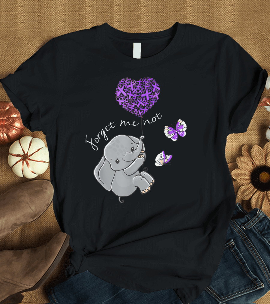 Forget Me Not Elephant Purple Ribbon Alzheimer's Awareness T-Shirt