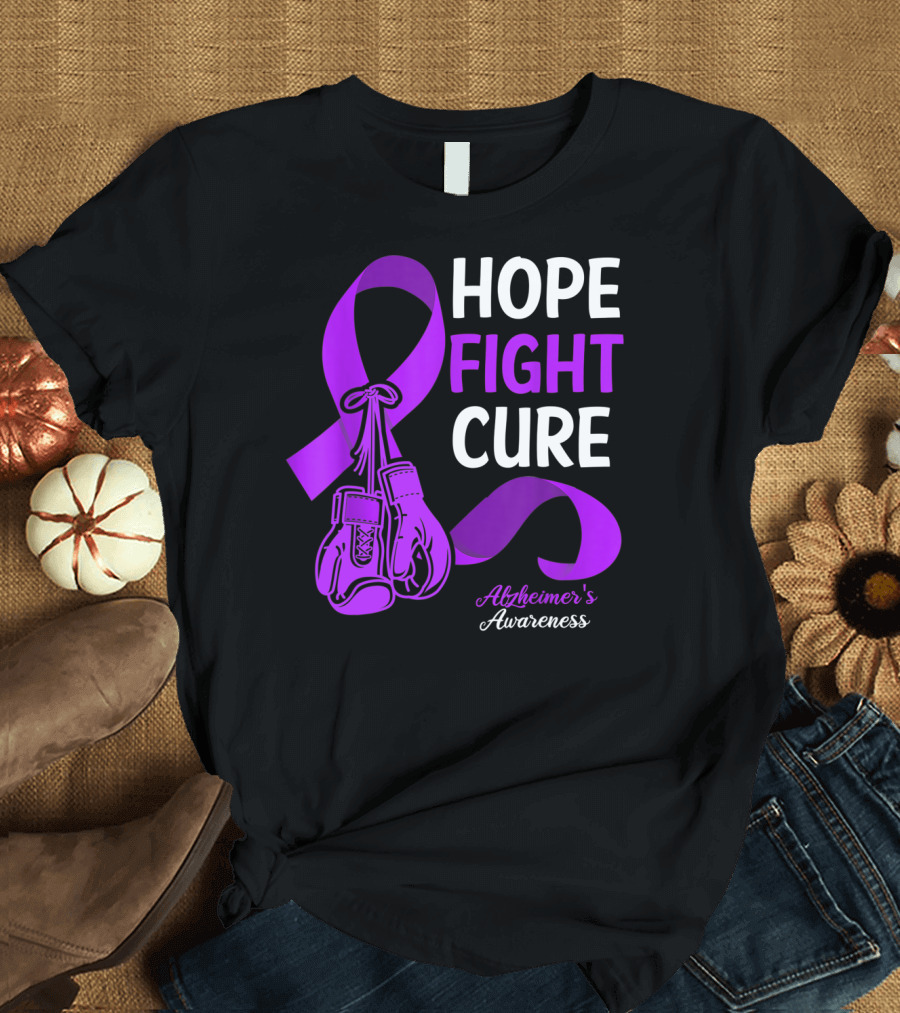 HOPE FIGHT CURE Purple Ribbon Alzheimer's Awareness T-Shirt