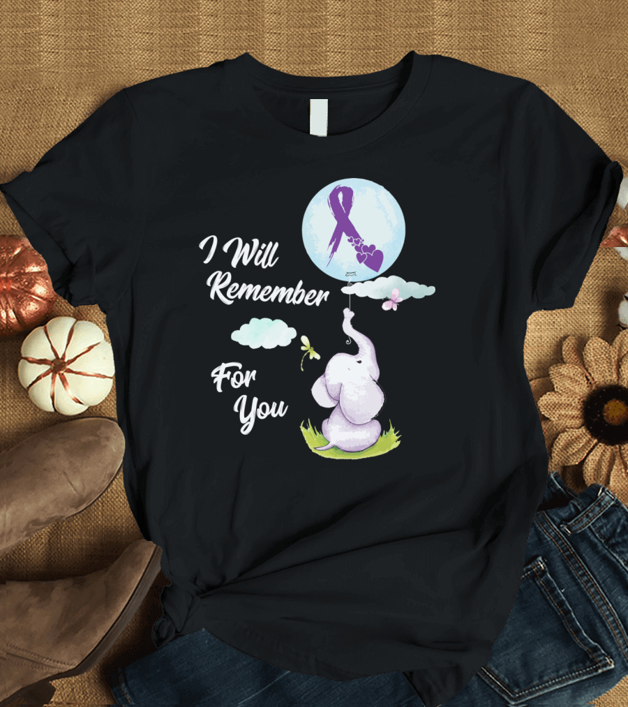 I Will Remember For You Alzheimer's Awareness Elephant Holding Balloon with Purple Ribbon and Hearts T-Shirt