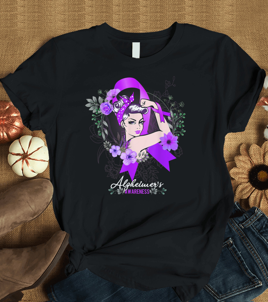 Alzheimer's Awareness Purple Ribbon Floral Rosie the Riveter T-Shirt