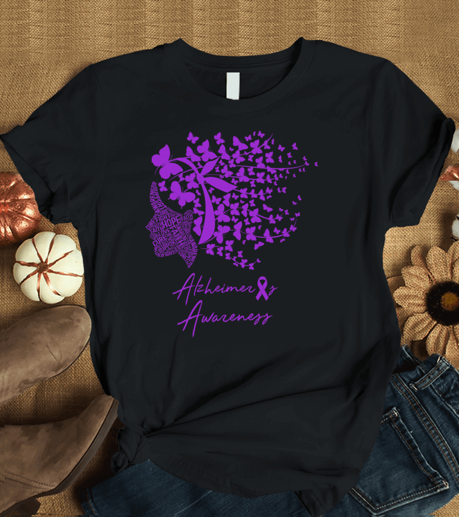 Alzheimer's Awareness Hope Strength Support Courage Memories Ribbon Butterflies T-Shirt