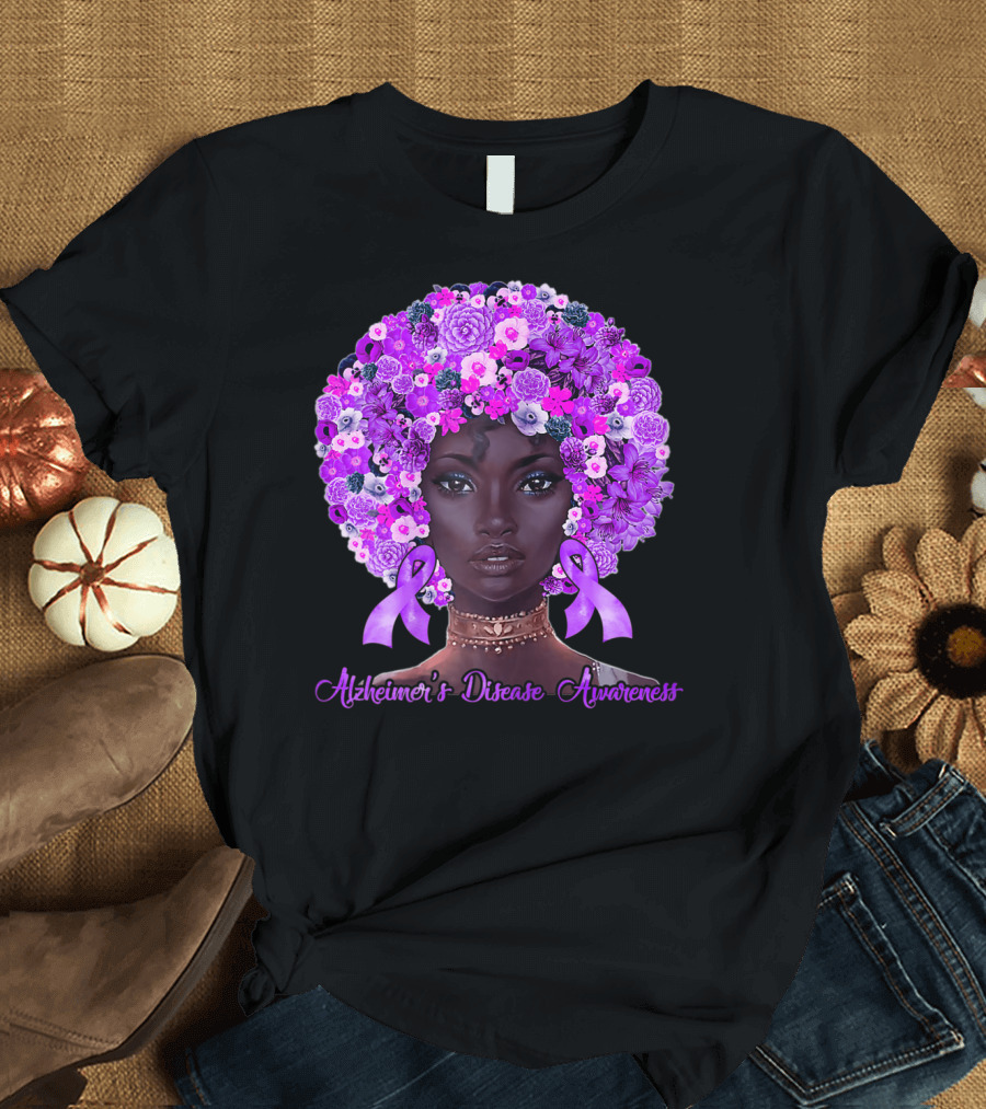 Alzheimer's Disease Awareness Flowers Afro Hair Black T-Shirt