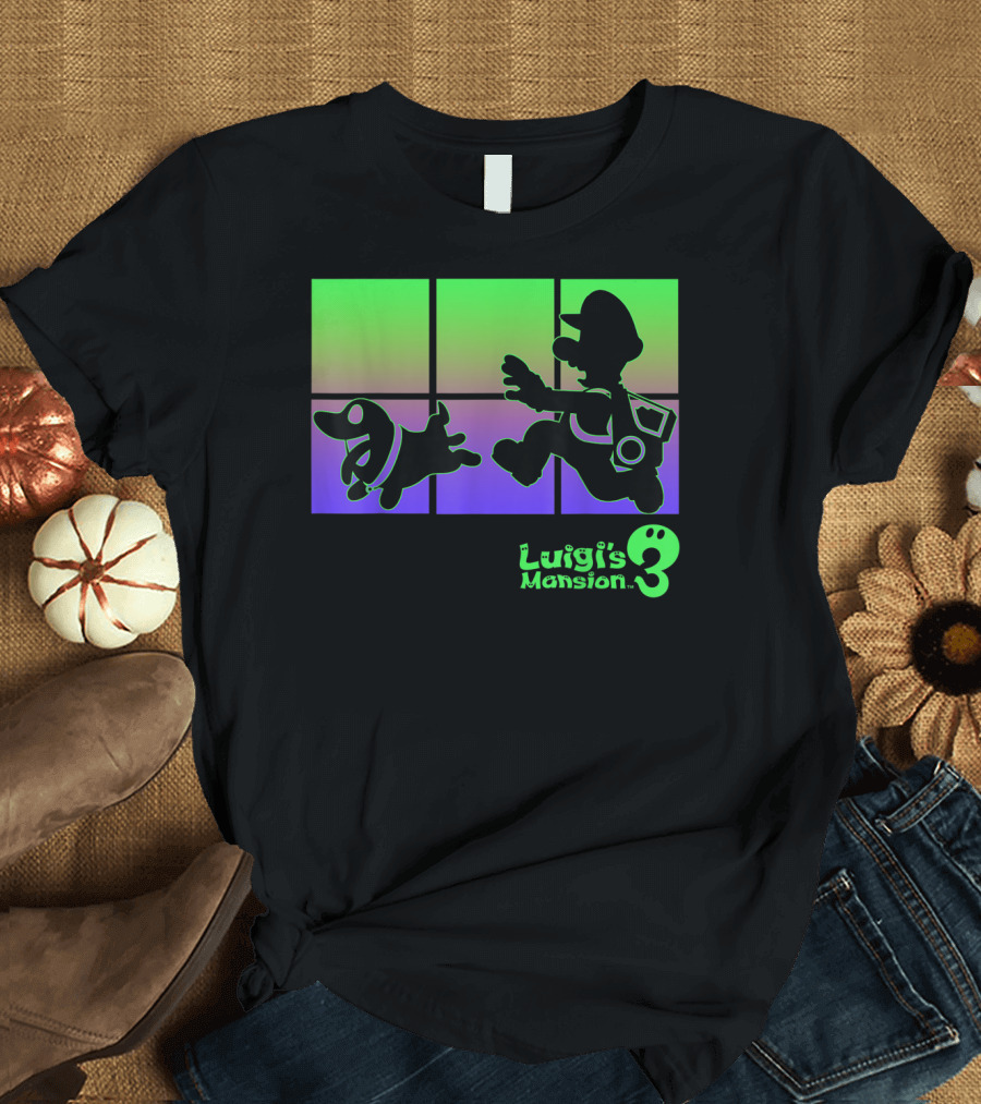 Luigi's Mansion 3 Luigi and Polterpup Silhouette Green and Purple Window T-Shirt