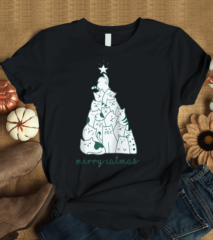 Merry Catmas Cat Christmas Tree with Star-Crowned Cats T-Shirt