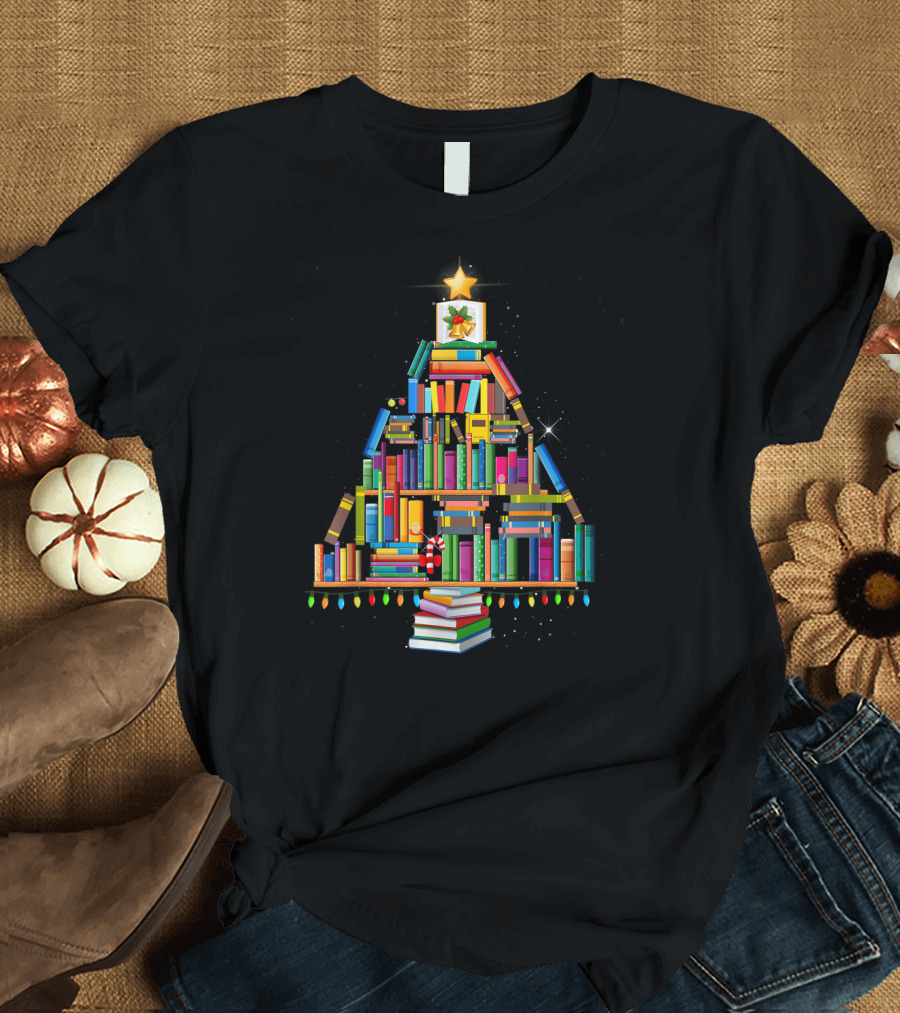 Merry Christmas Book Tree Library Stacked Lights T-Shirt