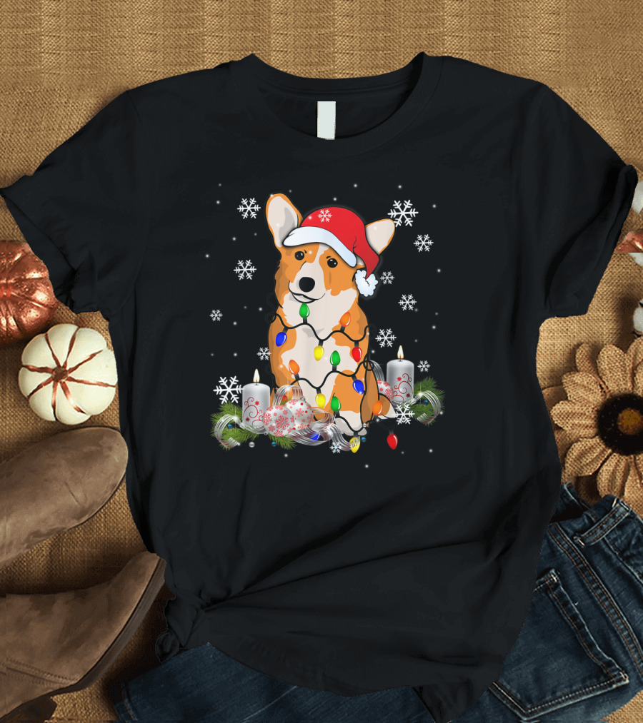 Merry Corgmas Xmas Festive Tree Santa Corgi Dog with Lights and Snowflakes T-Shirt