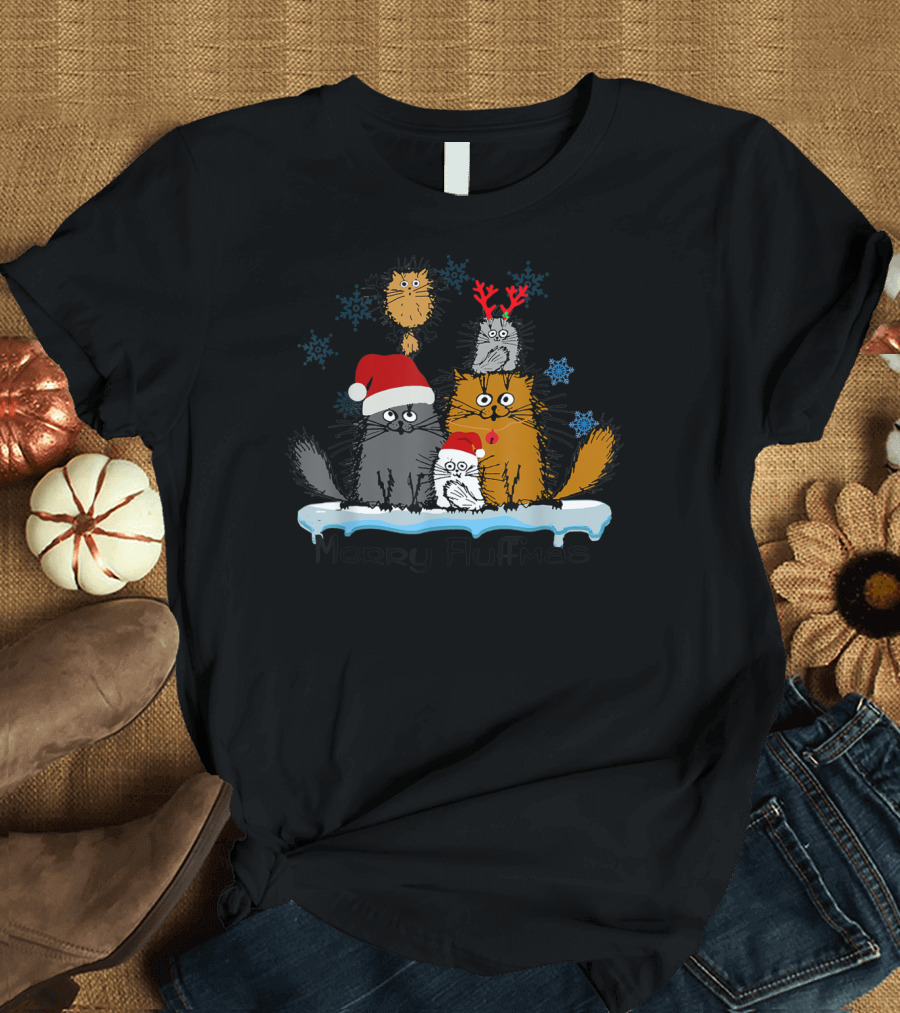 Merry Fluffmas Funny Cat Kitten Snowflakes Santa Hats Reindeer Antlers T-Shirt