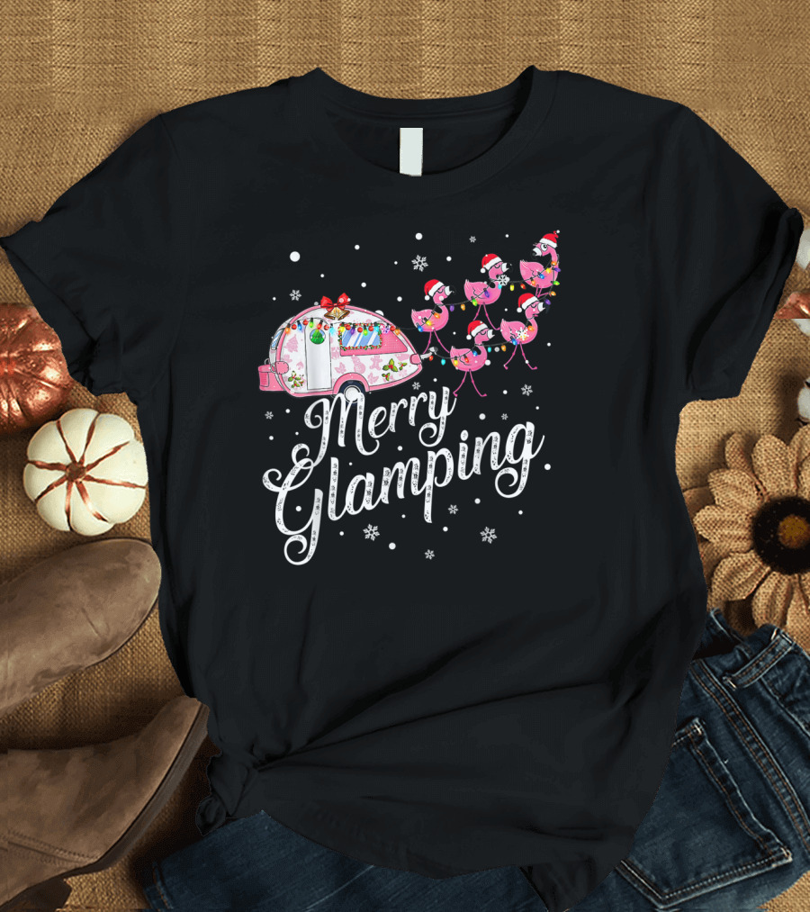 Merry Glamping Christmas Flamingo Camper with Santa Hats and Snowflakes T-Shirt