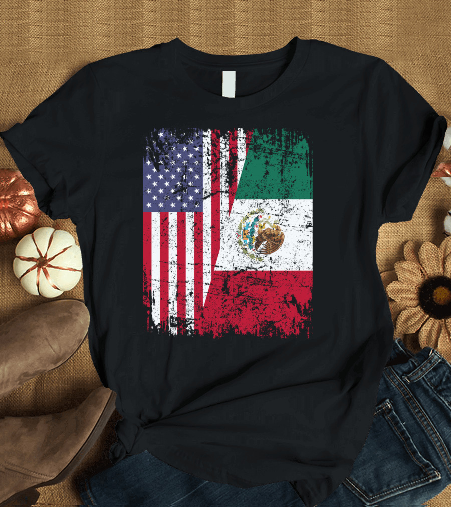 Mexican Roots American Flag Half Mexico Flag Heritage T-Shirt