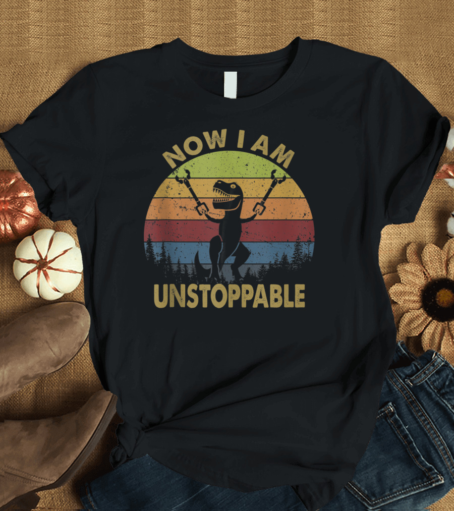 Now I Am Unstoppable Trex with Wrenches Retro Sunset T-Shirt