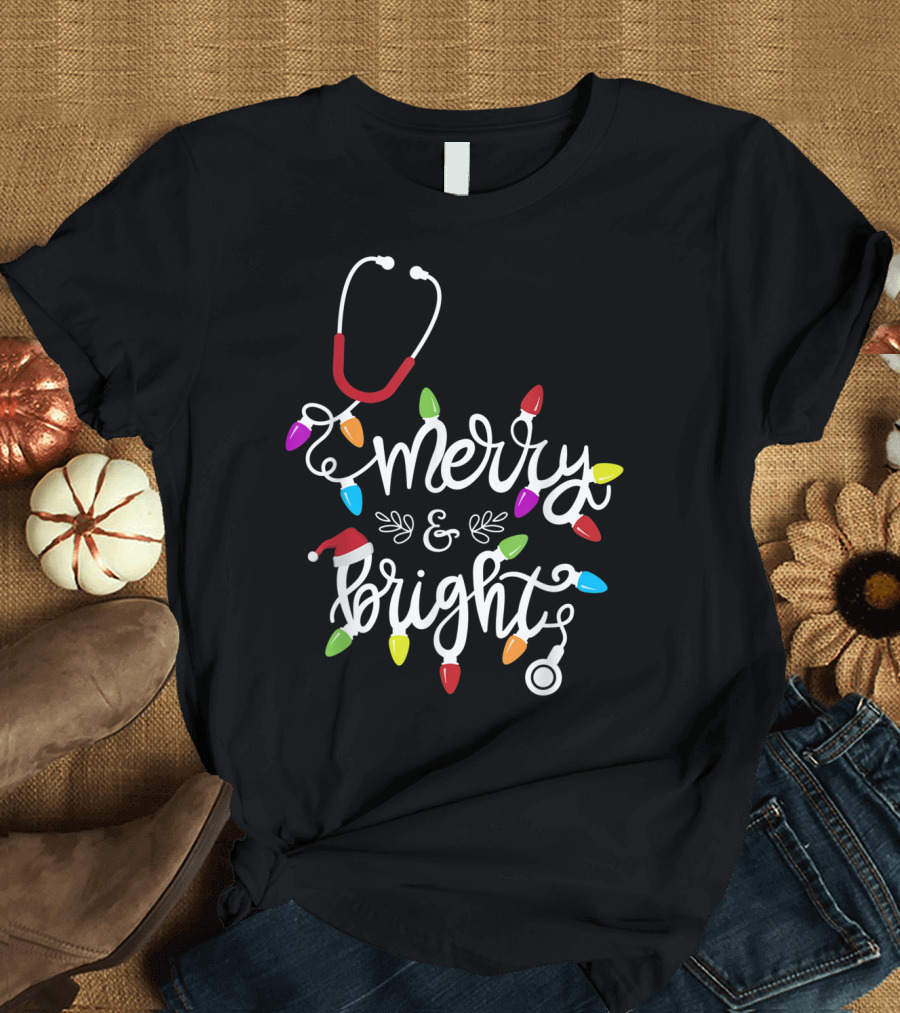 Nurse Stethoscope Merry and Bright Christmas Lights T-Shirt