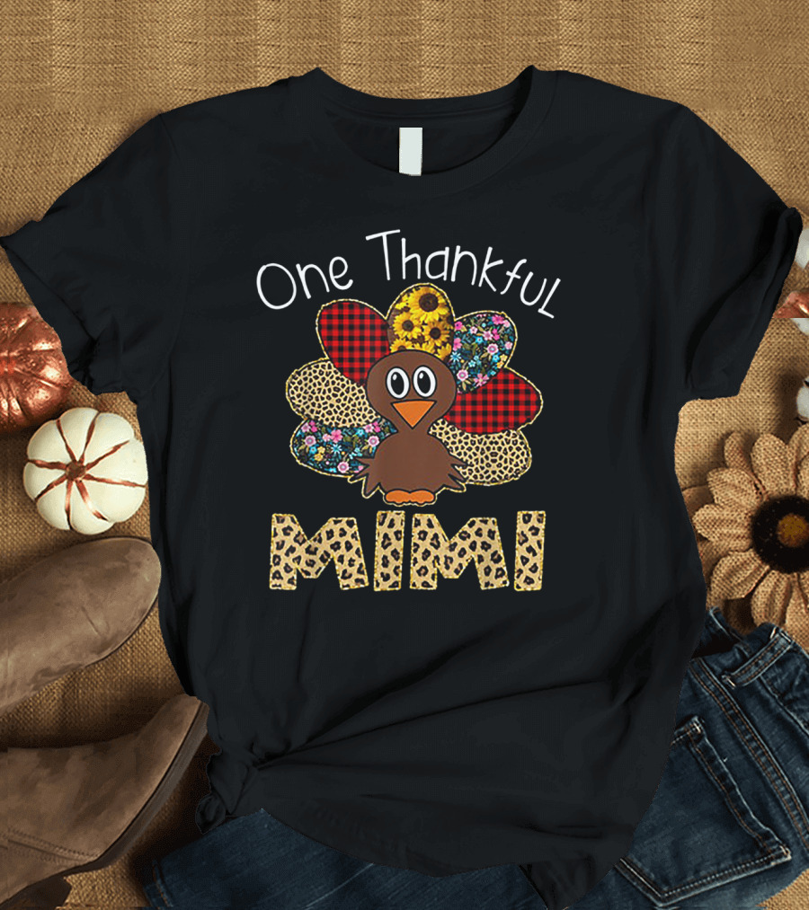 One Thankful Mimi Turkey Patchwork Thanksgiving Leopard Print T-Shirt