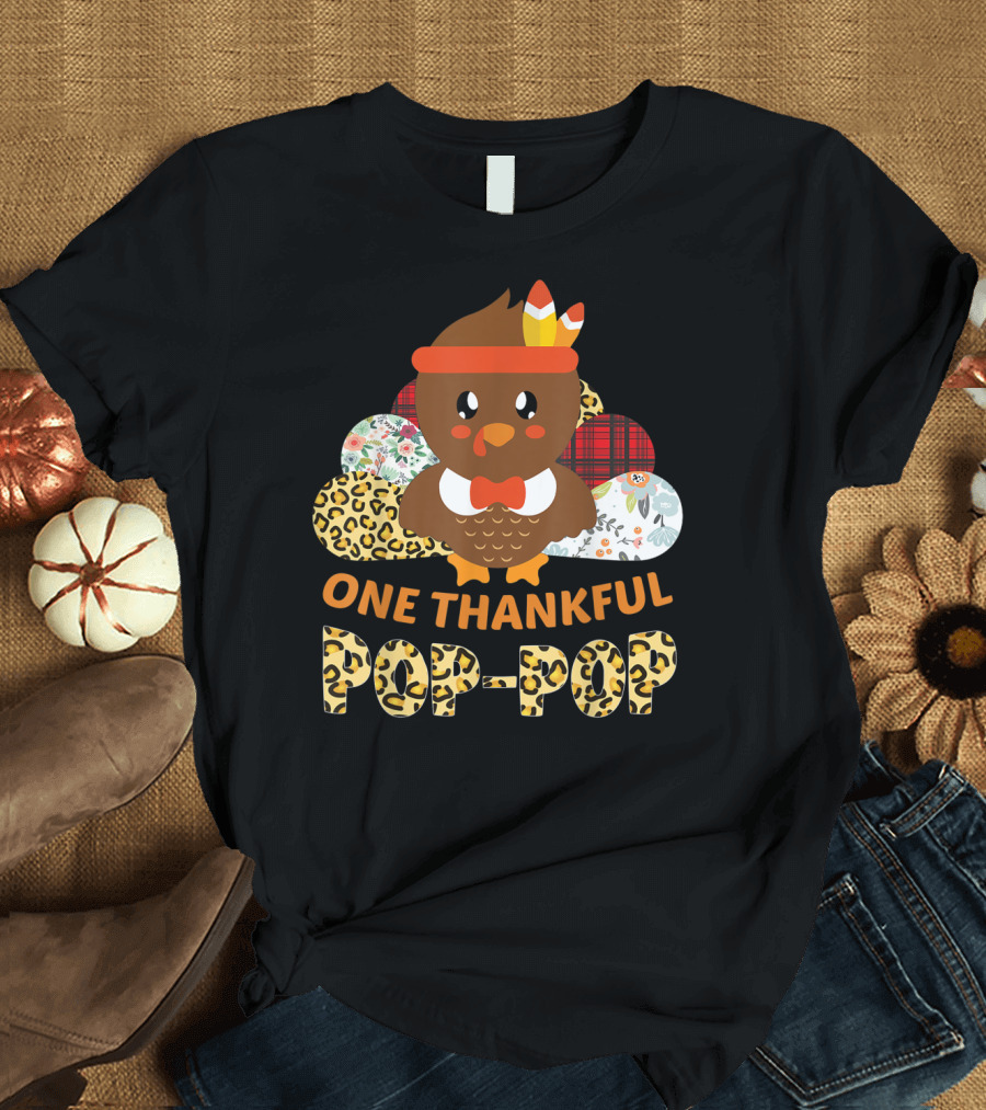 One Thankful Pop-Pop Turkey with Leopard and Plaid T-Shirt