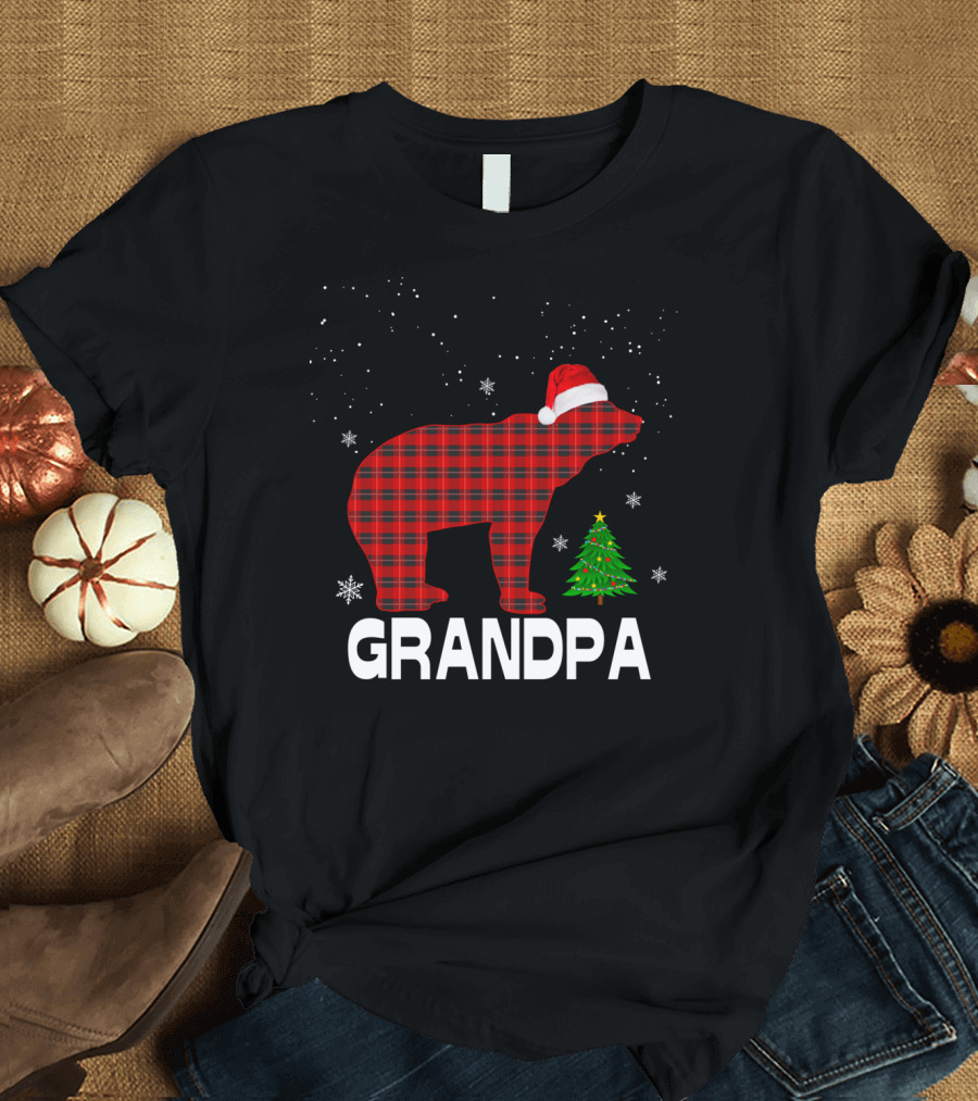 Grandpa Bear Red Plaid Santa Hat Christmas Tree Snowflakes T-Shirt
