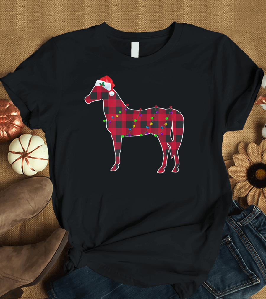 Red Plaid Horse with Christmas Lights and Santa Hat Buffalo T-Shirt